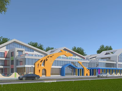 Modern Colorful School Building With Arched Entrance Glass Curtain Walls Front Lawn And Parked Cars 3d model