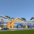 Modern Colorful School Building With Arched Entrance Glass Curtain Walls Front Lawn And Parked Cars