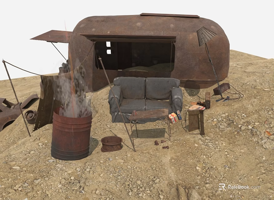 Rusted Trailer Abandoned Scene with Old Sofa Rusted Barrel And Debris On Sandy Ground 3d model 