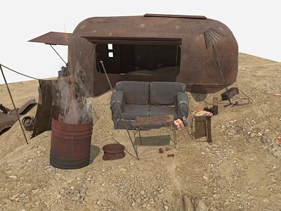 Rusted Trailer Abandoned Scene with Old Sofa Rusted Barrel And Debris On Sandy Ground 3d model