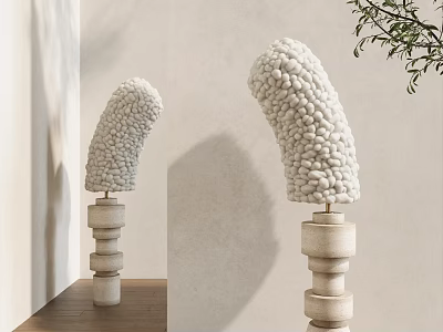 Textured White Floor Lamp With Stacked Pedestal Against Neutral Wall And Leafy Branch 3d model