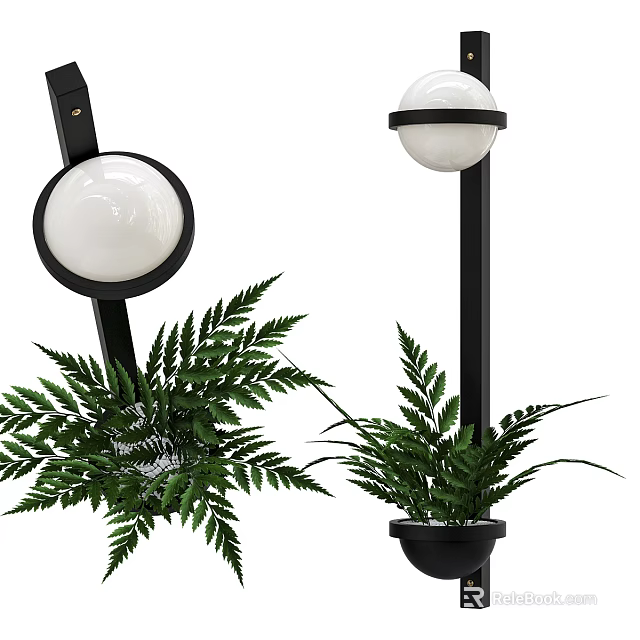 Modern Decorative Lights with Black Poles White Spherical Shades and Green Fern Accents 3d model 