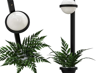 Modern Decorative Lights with Black Poles White Spherical Shades and Green Fern Accents 3d model