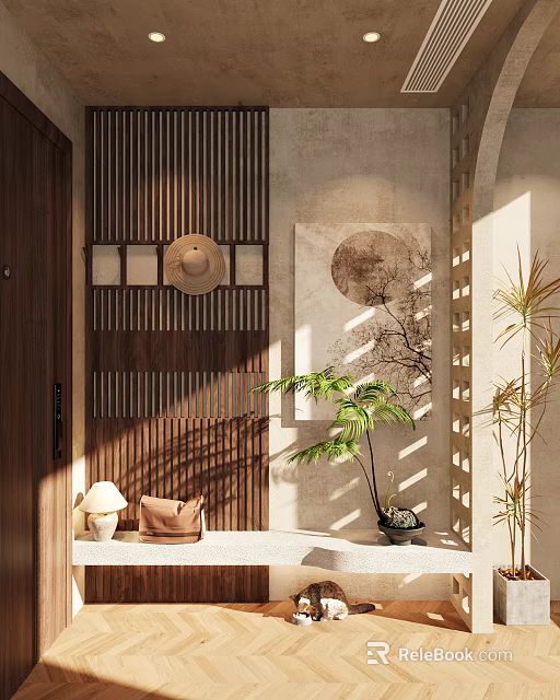 Natural Wooden Entryway Hallway Interior Design With Slat Screen Round Painting And Sunlight Shadow 3d model 