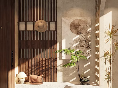 Natural Wooden Entryway Hallway Interior Design With Slat Screen Round Painting And Sunlight Shadow 3d model