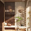 Natural Wooden Entryway Hallway Interior Design With Slat Screen Round Painting And Sunlight Shadow