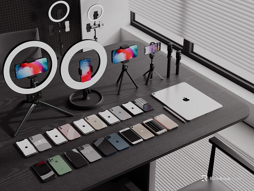 Smartphones With Ring Lights Tripods And Laptop Displayed On Desk 3d model 