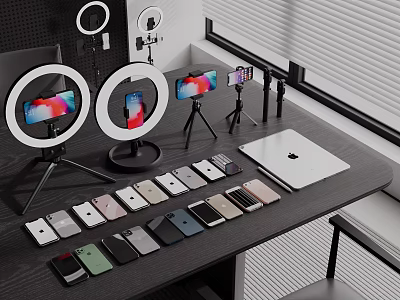 Smartphones With Ring Lights Tripods And Laptop Displayed On Desk 3d model Smartphones With Ring Lights Tripods And Laptop Displayed On Desk 3d model