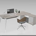 Modern Office Desk With Computer Monitor Lamp Potted Plant Storage Cabinet And Ergonomic Chair