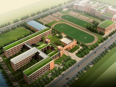 School Buildings With Green Roofs Football Field And Surrounding Trees Campus View 3d model