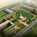 School Buildings With Green Roofs Football Field And Surrounding Trees Campus View