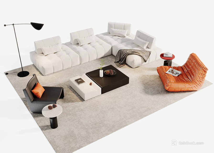 Modern White L shaped Sofa and Coffee Table Set with Accent Chairs Floor Lamp and Rug 3d model 