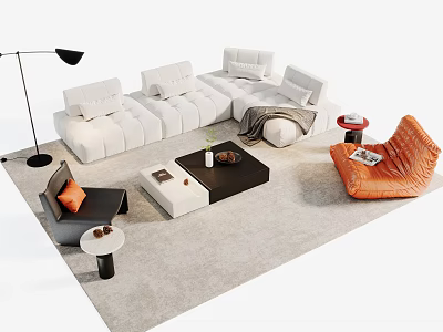 Modern White L shaped Sofa and Coffee Table Set with Accent Chairs Floor Lamp and Rug 3d model