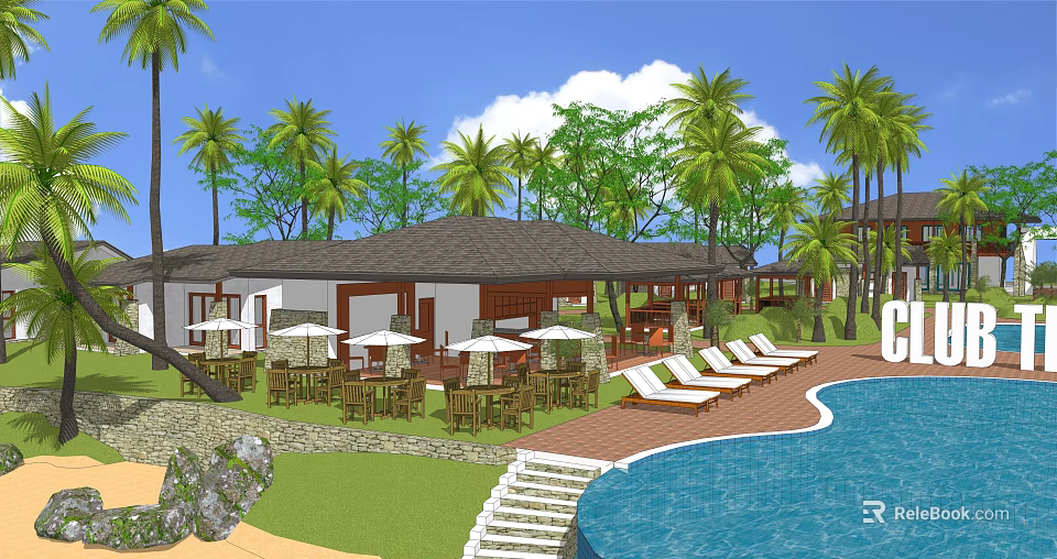 Tropical Boutique Villa With Swimming Pool Outdoor Lounge Area And Palm Trees 3d model 