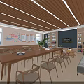 Traditional Chinese Classroom With Wooden Tables Chairs Baijia Zhengming Posters And Green Plants