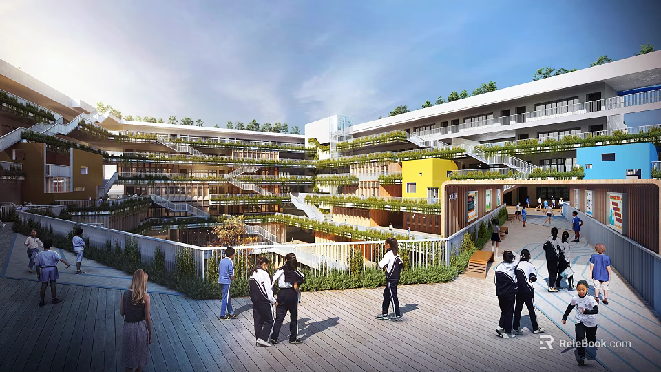Modern School Building With Open Courtyard Lush Rooftop Gardens And Students Walking 3d model 