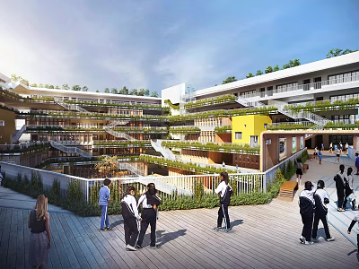 Modern School Building With Open Courtyard Lush Rooftop Gardens And Students Walking 3d model