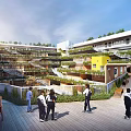 Modern School Building With Open Courtyard Lush Rooftop Gardens And Students Walking