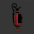 Decorative Black And Red Vase With Curved Handle Golden Accents And Intricate Red Patterns