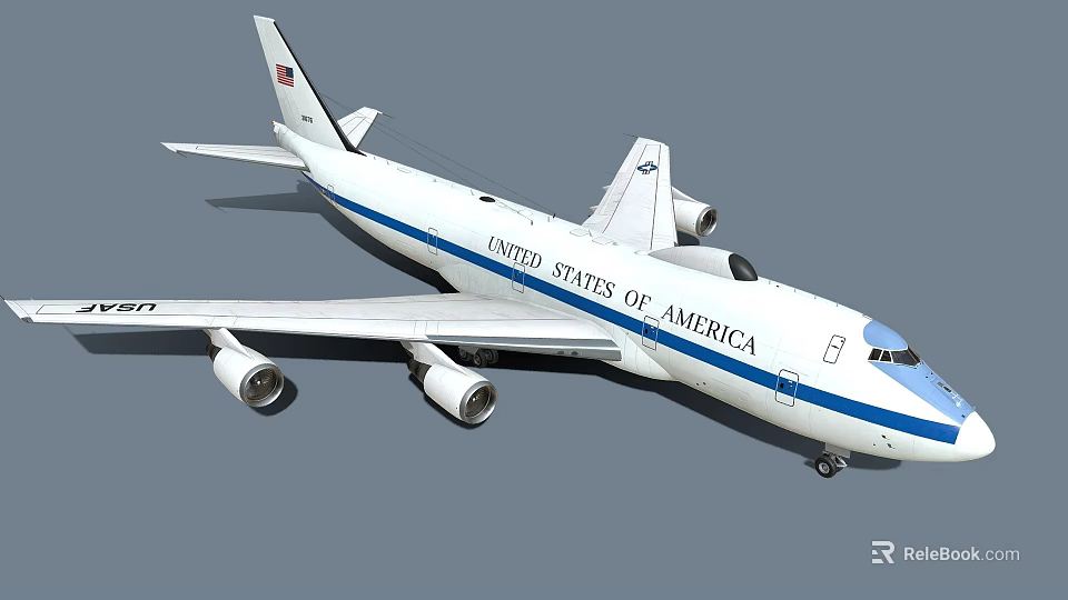 United States Airliner Exterior Featuring White Body Blue Stripe And Four Engines Design 3d model 