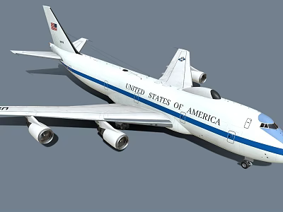 United States Airliner Exterior Featuring White Body Blue Stripe And Four Engines Design 3d model