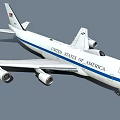 United States Airliner Exterior Featuring White Body Blue Stripe And Four Engines Design