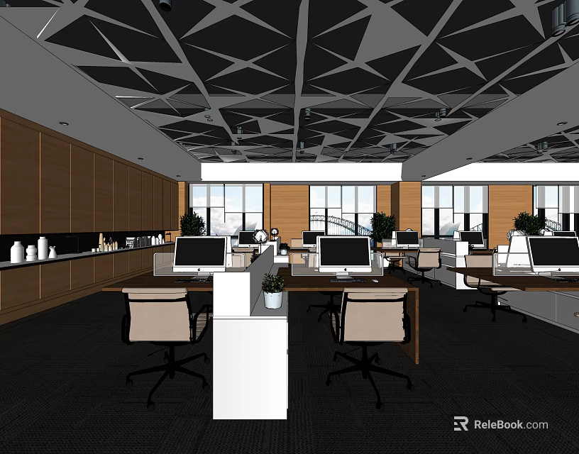 Public Office Space with Geometric Ceiling Wooden Walls Workstations and Natural Light 3d model
