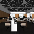 Public Office Space with Geometric Ceiling Wooden Walls Workstations and Natural Light 3d model