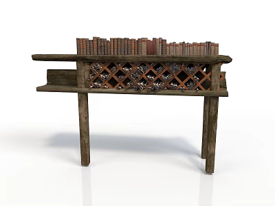 Wooden Wine Rack Furniture With Stacked Books And Lattice Storage Design 3d model