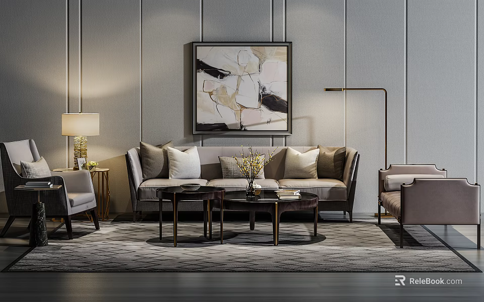 Modern Sofa and Coffee Table Set with Wall Art Floor Lamp and Rug 3d model