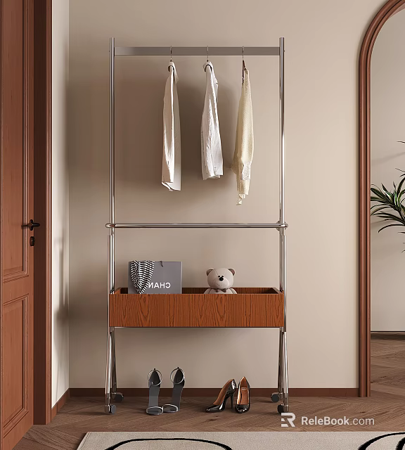 Clothes Hanger With White Hanging Clothes Wooden Drawer Teddy Bear And Shoes In Modern Entryway 3d model 