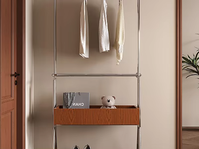 Clothes Hanger With White Hanging Clothes Wooden Drawer Teddy Bear And Shoes In Modern Entryway 3d model