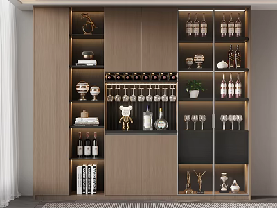Modern Wooden Black Sideboard With Wine Rack Glass Holder Storage Decorations Books Lighting 3d model