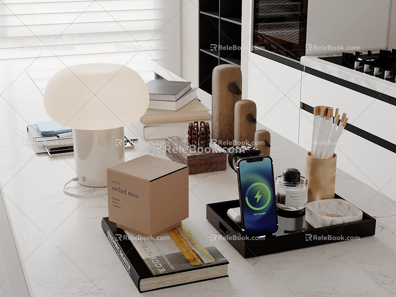 Modern table ornaments combination books desk lamp pen holder mobile phone 3d model