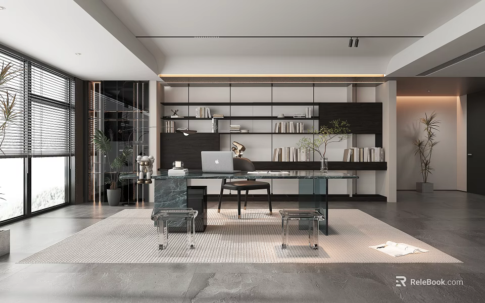 Modern Study Room Interior With Wooden Bookshelves Writing Desk And Green Plants 3d model 