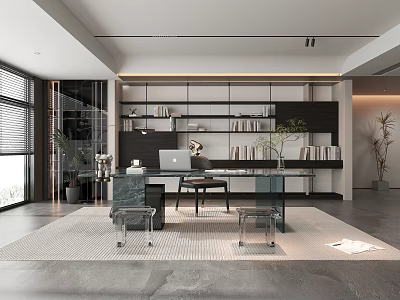 Modern Study Room Interior With Wooden Bookshelves Writing Desk And Green Plants 3d model