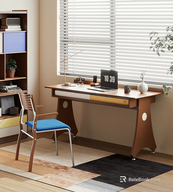 Modern Wooden Desk With Laptop Lamp Vase Blue Chair And Window Blinds 3d model 