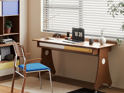 Modern Wooden Desk With Laptop Lamp Vase Blue Chair And Window Blinds 3d model