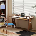 Modern Wooden Desk With Laptop Lamp Vase Blue Chair And Window Blinds