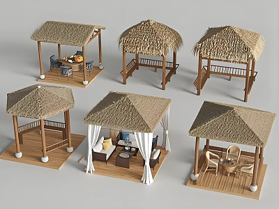 Traditional Rustic Pavilions With Straw Roofs Wooden Frames And Seating Arrangements 3d model