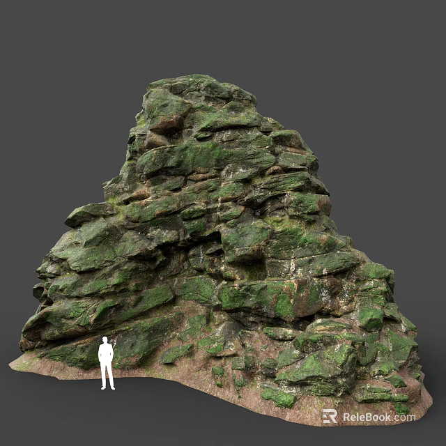Large Rock Formation With Green Moss Covered Surface Texture And Human Figure 3d model 