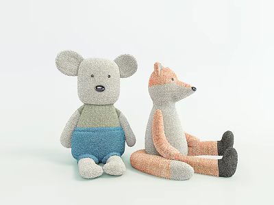 Plush Gray Mouse with Blue Shorts and Orange Fox Stuffed Dolls Seated on Light Background 3d model