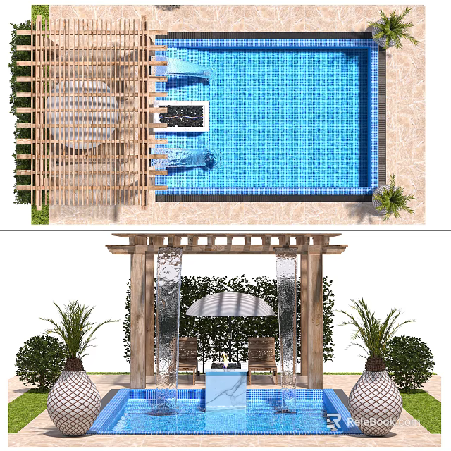 Outdoor Swimming Pool Area With Wooden Pergola Patio Umbrella And Green Plants 3d model 