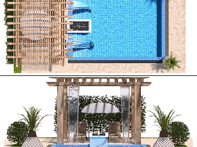Outdoor Swimming Pool Area With Wooden Pergola Patio Umbrella And Green Plants 3d model