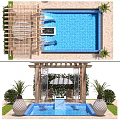 Outdoor Swimming Pool Area With Wooden Pergola Patio Umbrella And Green Plants