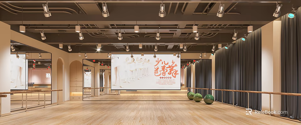 Kids Dance Fitness Studio With Wooden Floor Mirrors Barre And Green Balls 3d model 