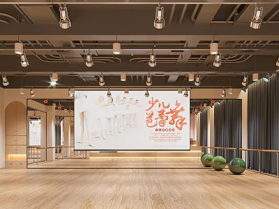 Kids Dance Fitness Studio With Wooden Floor Mirrors Barre And Green Balls 3d model