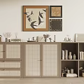 Stylish Modern Bookshelf Interior With Rattan Doors Drawers Decorative Vases And Books