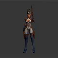 Game Movie Character With Orange White Costume Hat Holding Gun Blue Boots and Armored Design