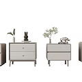 Modern Light Colored Bedside Tables With Drawers Plants Lamp And Decorative Items 3d model